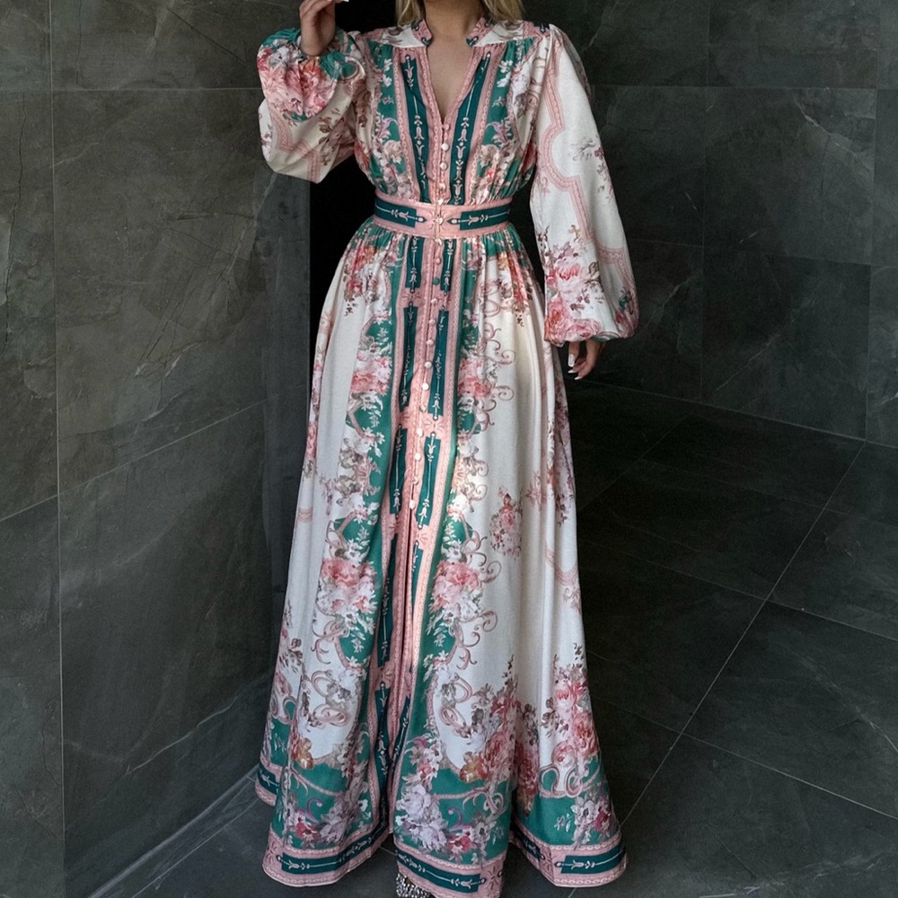 Floral Print Maxi Dress with Green & Pink Accents